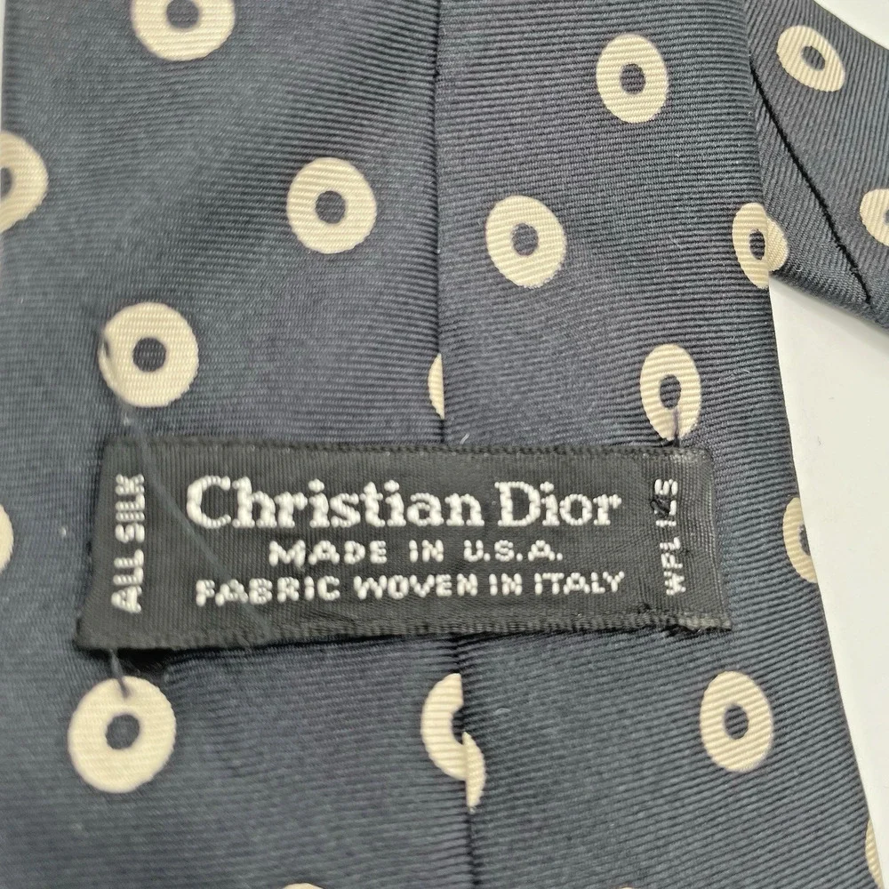 Vintage Christian Dior 100% Silk Necktie 57 Inch Black Bullseye Dots Pattern USA